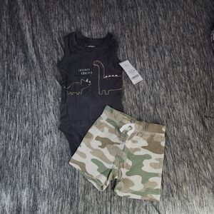 Carter's Black Dinosaur Tank and Camo Shorts Set